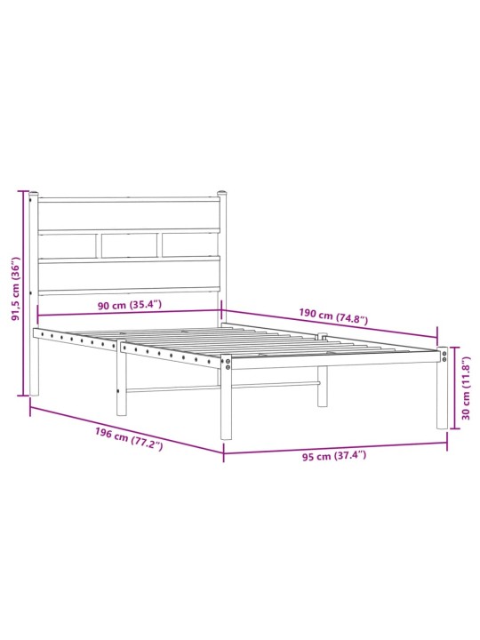 Metallist voodiraam ilma madratsita suitsutatud tamm 90x190 cm