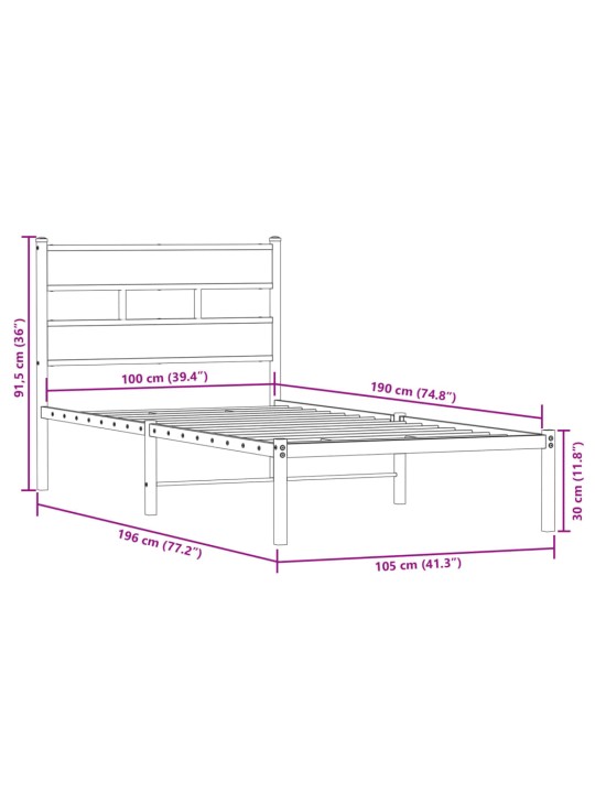 Metallist voodiraam ilma madratsita suitsutatud tamm 100x190 cm