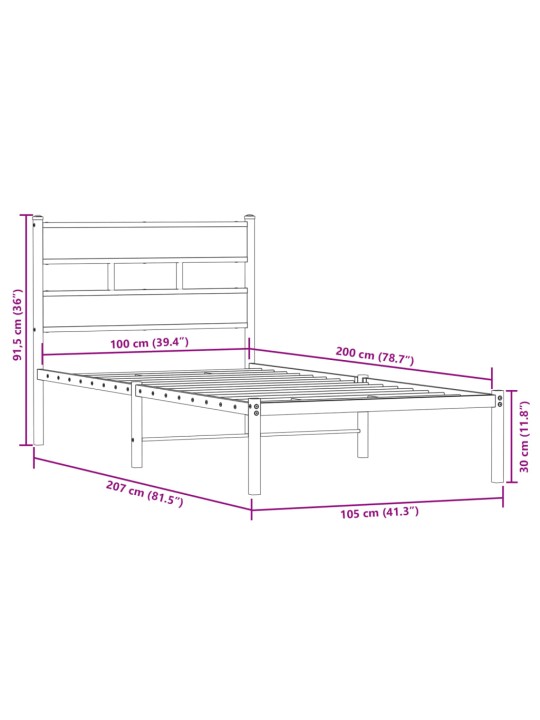 Metallist voodiraam ilma madratsita suitsutatud tamm 100x200 cm