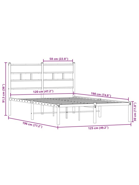 Metallist voodiraam ilma madratsita suitsutatud tamm 120x190 cm