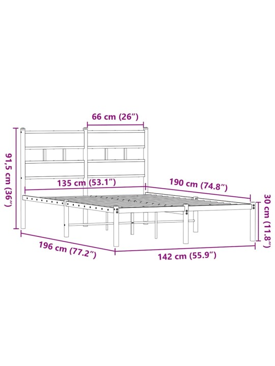 Metallist voodiraam ilma madratsita suitsutatud tamm 135x190 cm