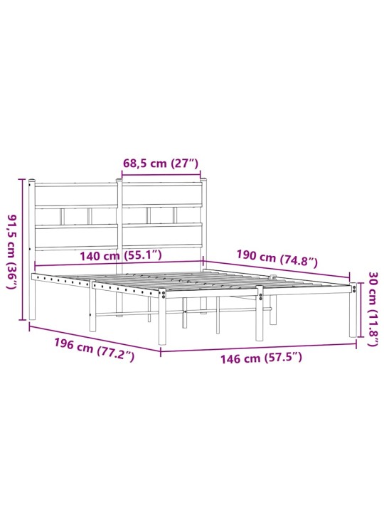 Metallist voodiraam ilma madratsita suitsutatud tamm 140x190 cm