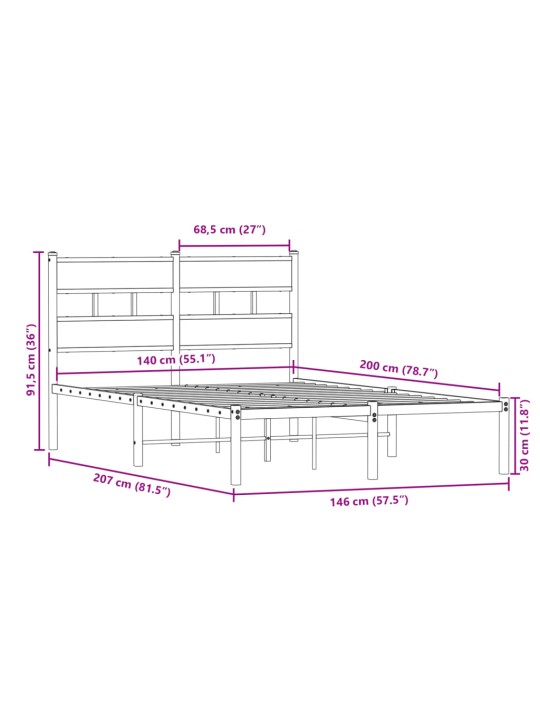 Metallist voodiraam ilma madratsita suitsutatud tamm 140x200 cm