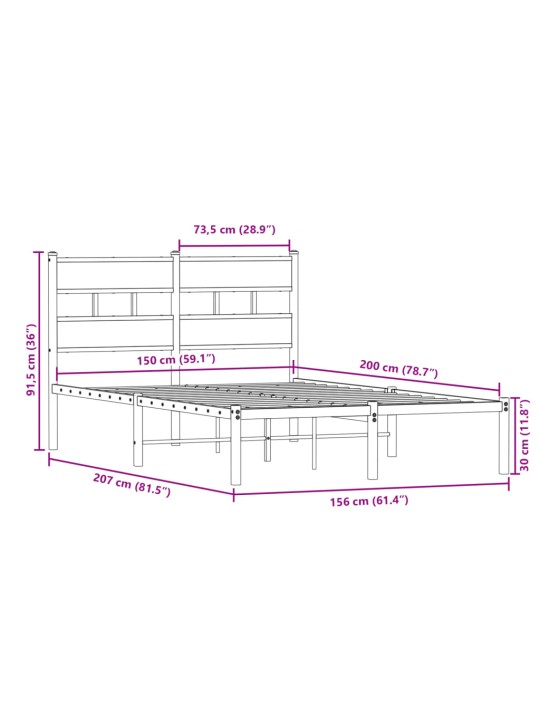 Metallist voodiraam ilma madratsita suitsutatud tamm 150x200 cm