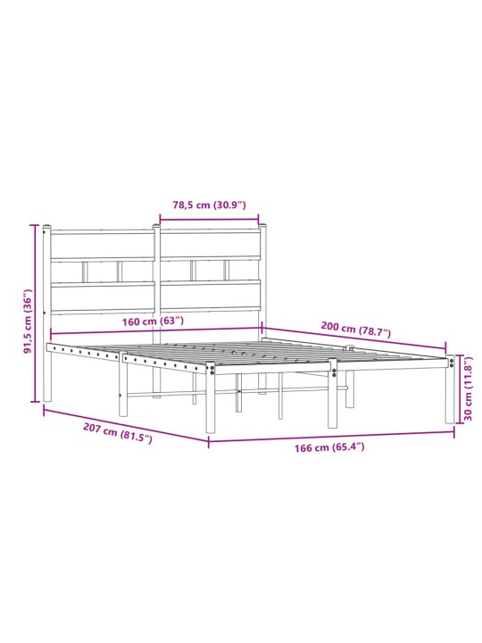 Metallist voodiraam ilma madratsita suitsutatud tamm 160x200 cm