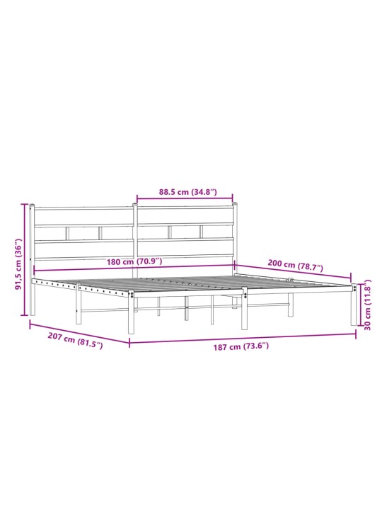 Metallist voodiraam ilma madratsita suitsutatud tamm 180x200 cm