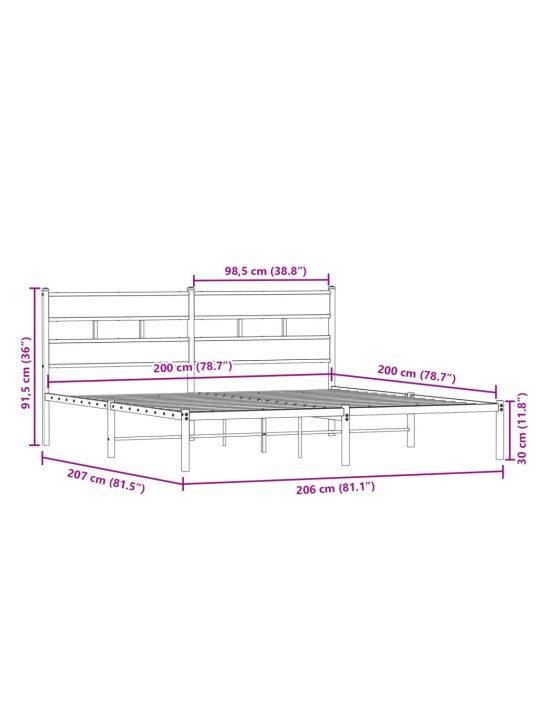 Metallist voodiraam ilma madratsita suitsutatud tamm 200x200 cm