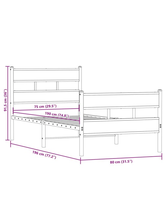 Metallist voodiraam ilma madratsita suitsutatud tamm 75x190 cm