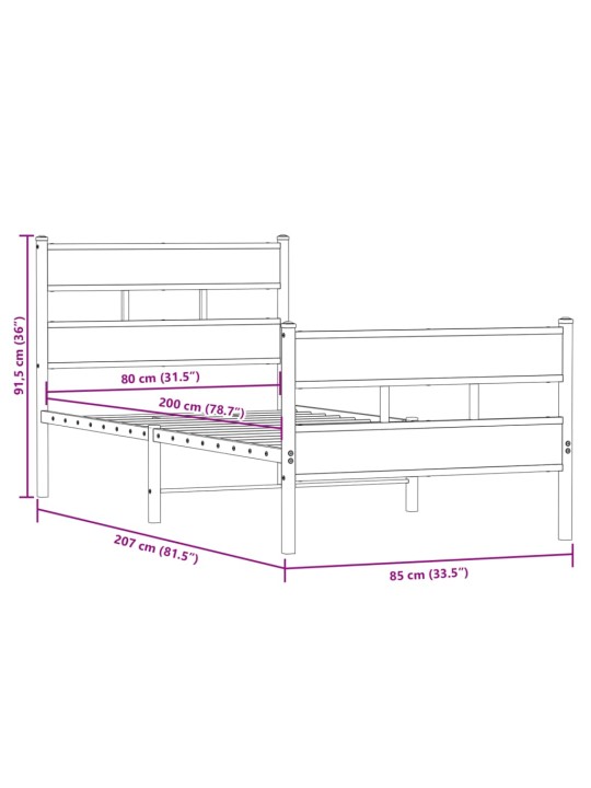 Metallist voodiraam ilma madratsita suitsutatud tamm 80x200 cm