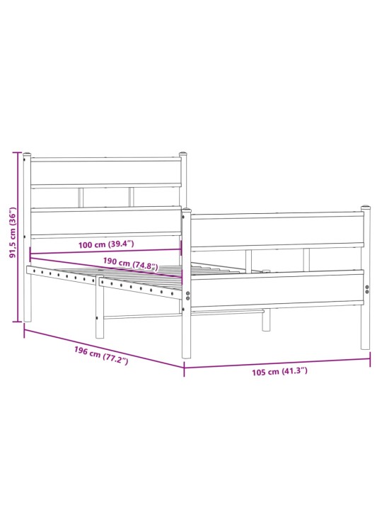 Metallist voodiraam ilma madratsita suitsutatud tamm 100x190 cm