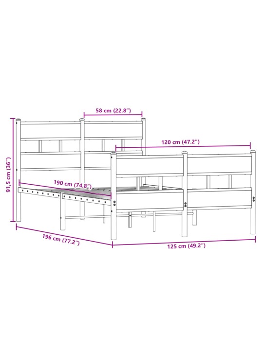 Metallist voodiraam ilma madratsita suitsutatud tamm 120x190 cm