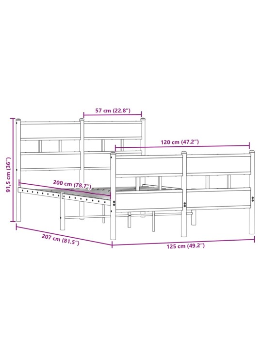 Metallist voodiraam ilma madratsita suitsutatud tamm 120x200 cm