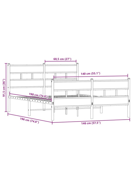 Metallist voodiraam ilma madratsita suitsutatud tamm 140x190 cm