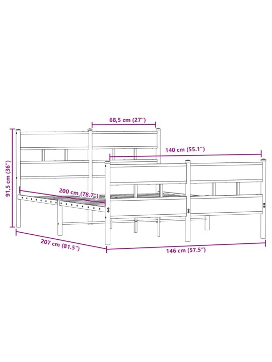 Metallist voodiraam ilma madratsita suitsutatud tamm 140x200 cm