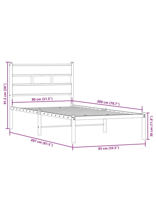 Metallist voodiraam ilma madratsita sonoma tamm 80x200 cm