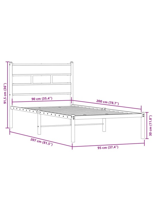 Metallist voodiraam ilma madratsita sonoma tamm 90x200 cm