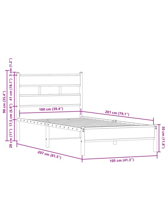 Peatsiga voodiraam ilma madratsita suitsutatud tamm 100x200 cm