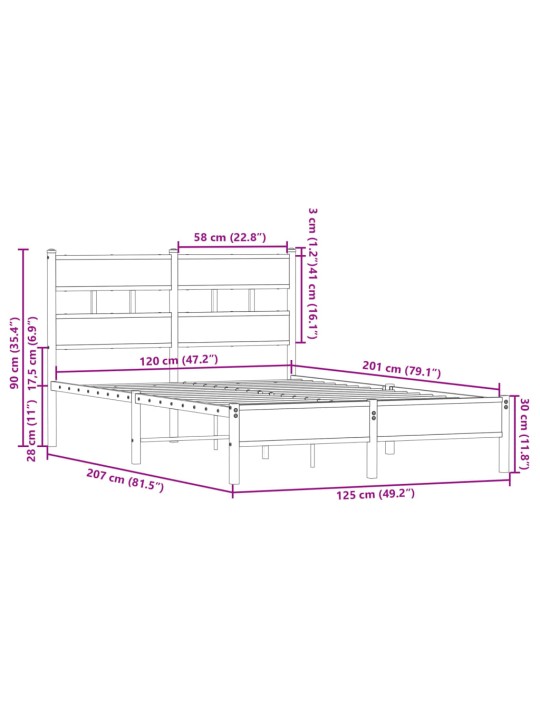 Peatsiga voodiraam ilma madratsita suitsutatud tamm 120x200 cm