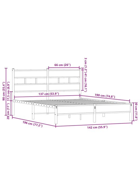 Peatsiga voodiraam ilma madratsita suitsutatud tamm 137x190 cm