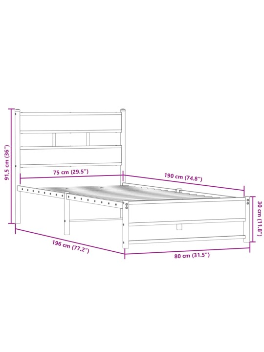 Metallist voodiraam ilma madratsita suitsutatud tamm 75x190 cm