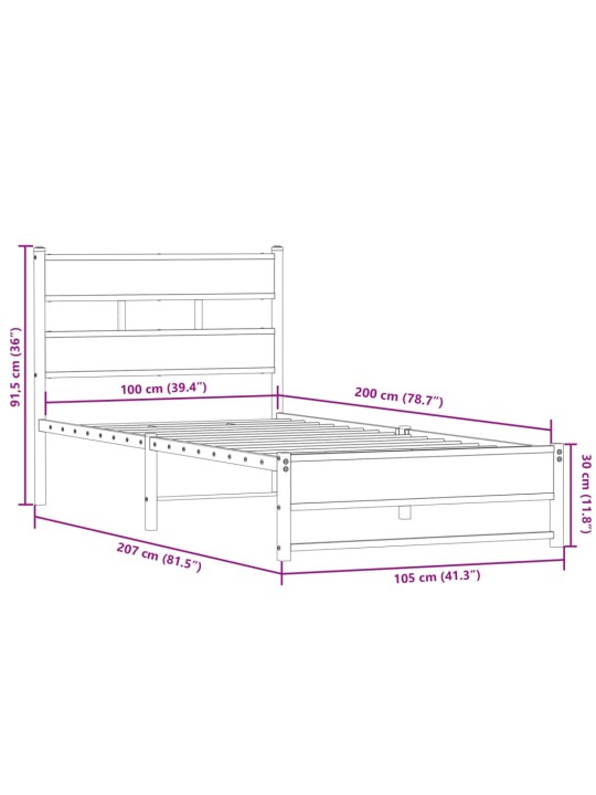 Metallist voodiraam ilma madratsita suitsutatud tamm 100x200 cm