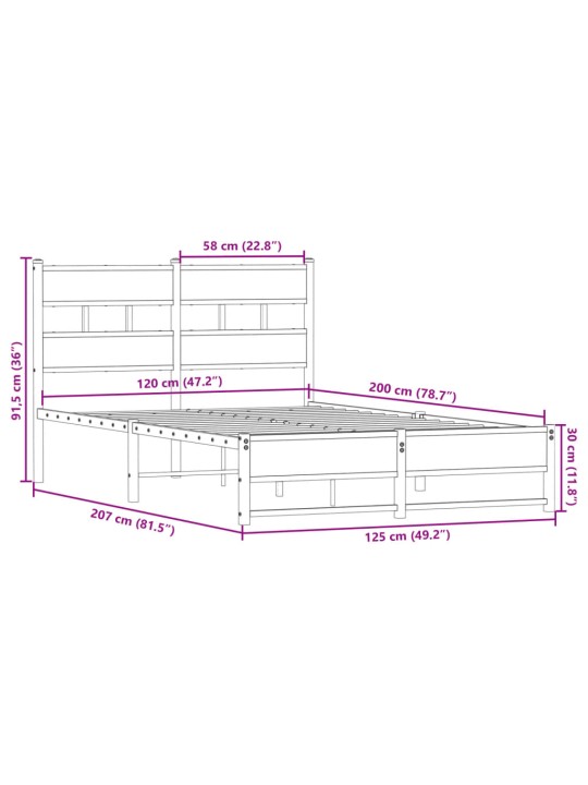 Metallist voodiraam ilma madratsita suitsutatud tamm 120x200 cm