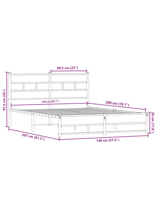 Metallist voodiraam ilma madratsita suitsutatud tamm 140x200 cm