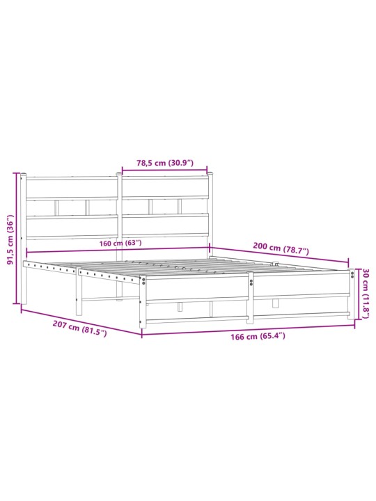 Metallist voodiraam ilma madratsita suitsutatud tamm 160x200 cm