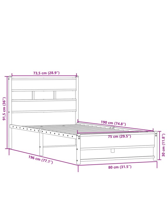 Metallist voodiraam ilma madratsita sonoma tamm 75x190 cm