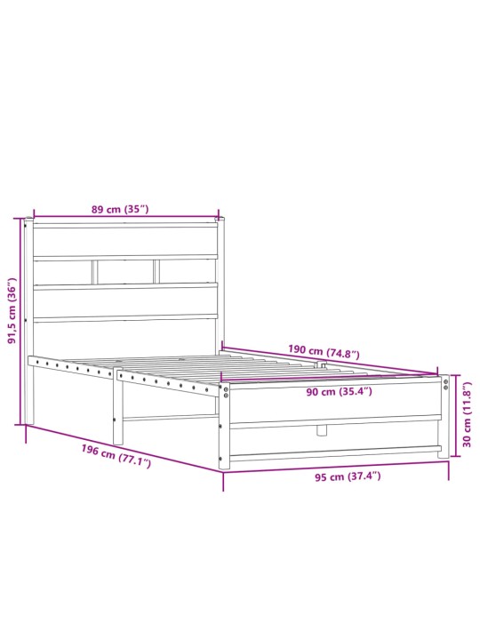 Metallist voodiraam ilma madratsita sonoma tamm 90x190 cm