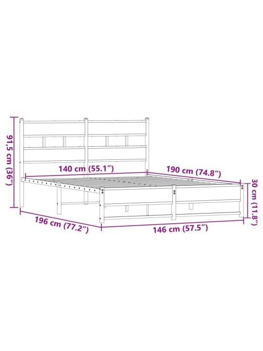 Metallist voodiraam ilma madratsita pruun tamm 140x190 cm