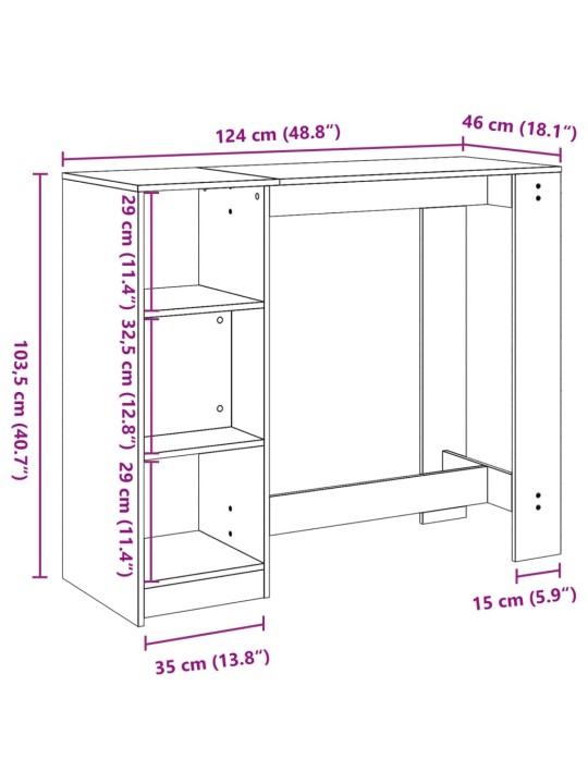 Baarilaud riiuliga, valge, 124 x 46 x 103,5 cm, tehispuit