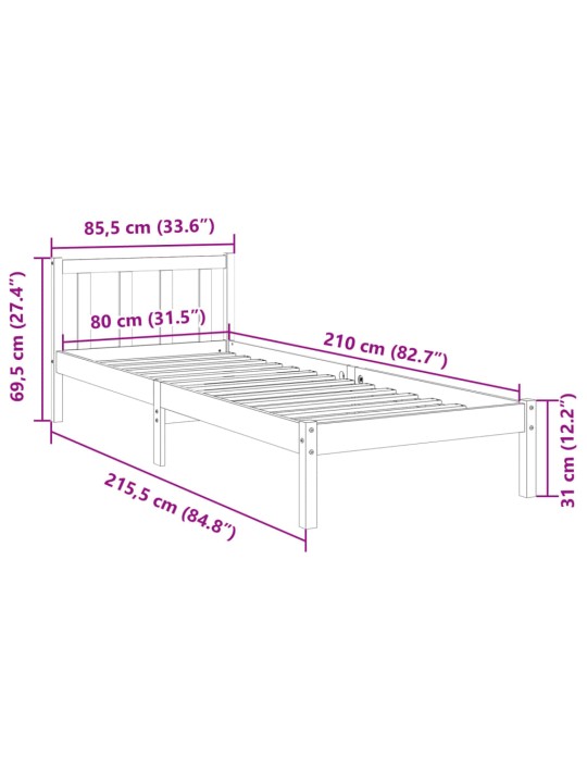 Voodiraam ilma madratsita, valge, 80 x 210 cm, männipuit