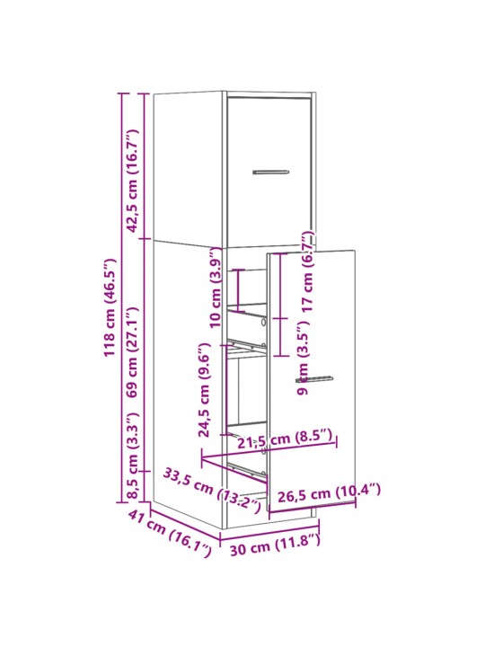 Apteegikapp, hall sonoma tamm, 30x41x118 cm, tehispuit