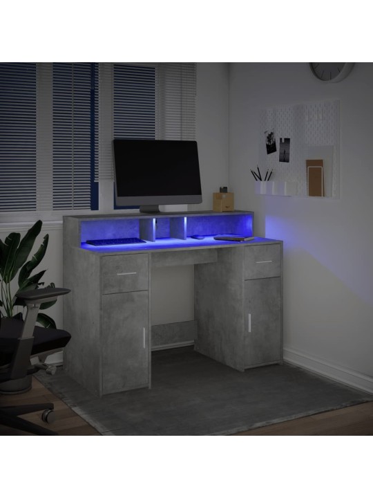 Kirjutuslaud LED-tuledega, betoonhall, 120x55x91 cm, tehispuit