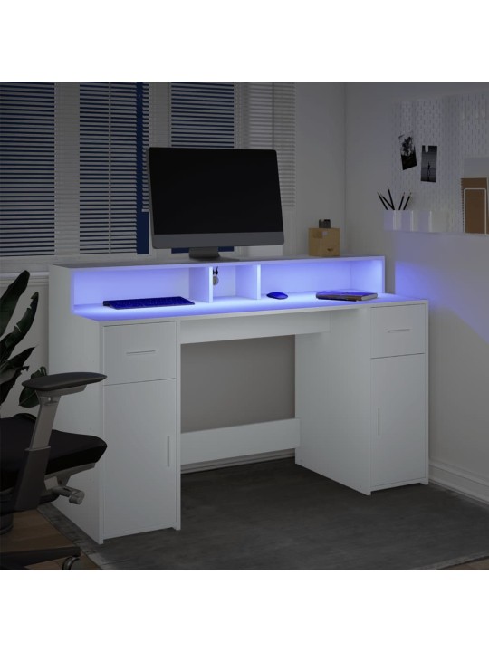 Kirjutuslaud LED-tuledega, valge, 140x55x91 cm, tehispuit