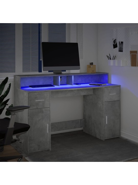 Kirjutuslaud LED-tuledega, betoonhall, 140x55x91 cm, tehispuit