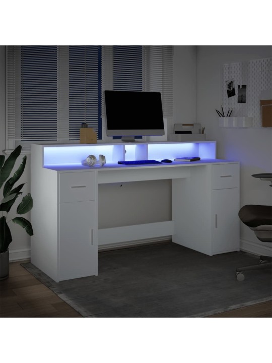 Kirjutuslaud LED-tuledega, valge, 160x55x91 cm, tehispuit