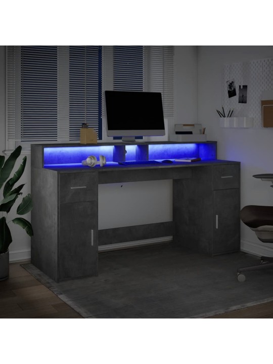 Kirjutuslaud LED-tuledega, betoonhall, 160x55x91 cm, tehispuit