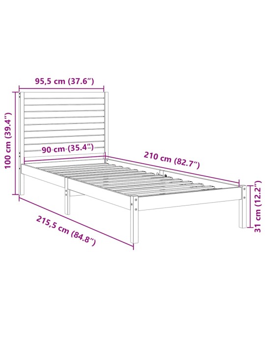 Voodiraam ilma madratsita, valge, 90 x 210 cm, männipuit