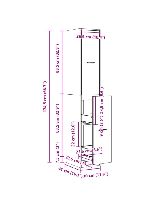 Apteegikapp, hall sonoma tamm, 30x41x174,5 cm, tehispuit