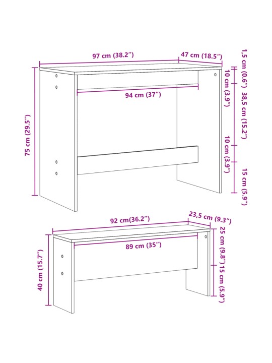 3-osaline söögilaua ja pinkide komplekt, betoonhall, tehispuit