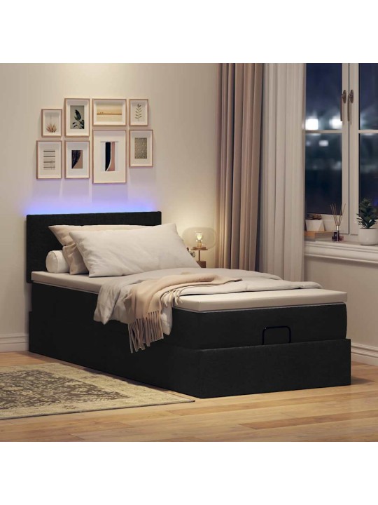 OTTOMANI VOODI MADRATSI JA LED, MUST, 80X200CM, KANGAS