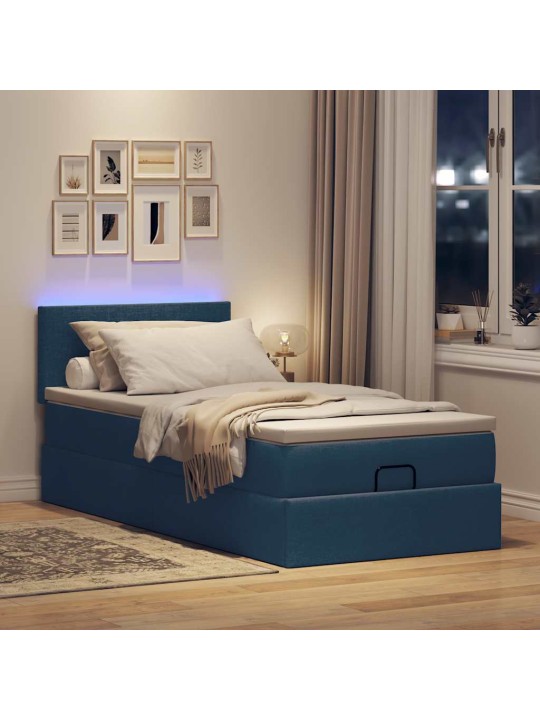 OTTOMANI VOODI MADRATSITA JA LED, SININE, 90X200 CM, KANGAS