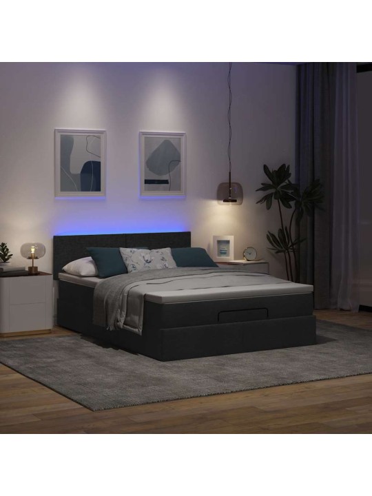 OTTOMANI VOODI MADRATSITA JA LED, MUST, 140X190 CM, KANGAS