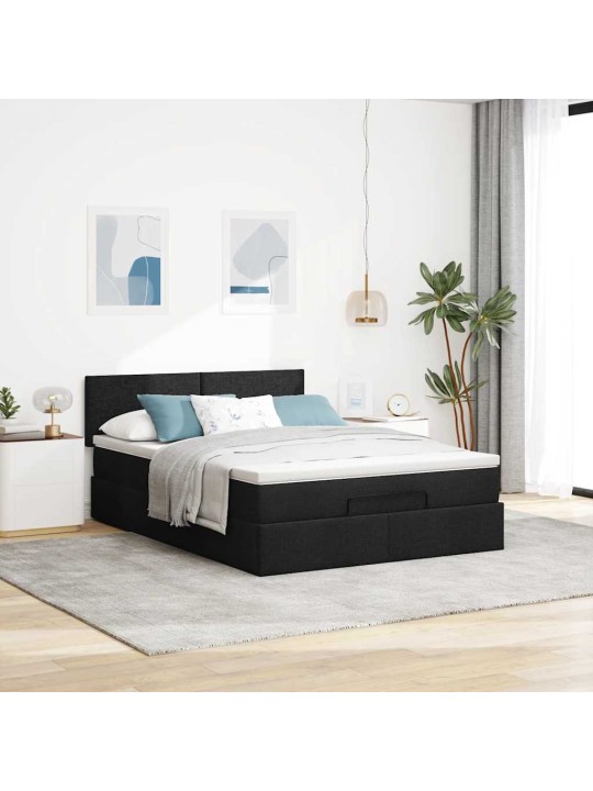 OTTOMANI VOODI MADRATSITA JA LED, MUST, 140X190 CM, KANGAS