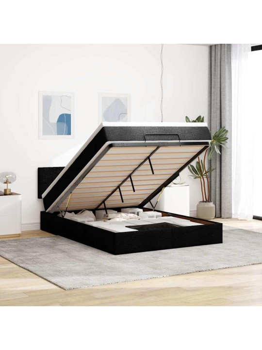 OTTOMANI VOODI MADRATSITA JA LED, MUST, 140X190 CM, KANGAS