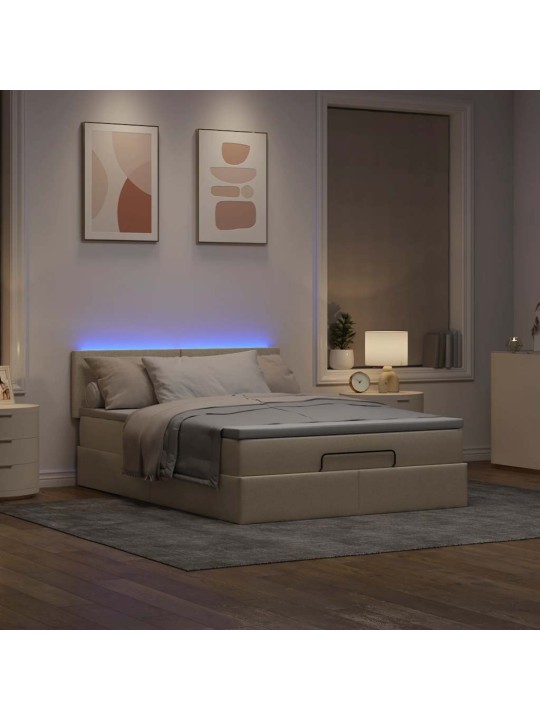 OTTOMANI VOODI MADRATSITA JA LED, KREEMJAS, 140X200 CM, KANGAS