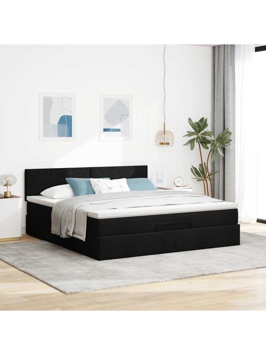 OTTOMANI VOODI MADRATSI JA LED, MUST, 180X200CM, KANGAS