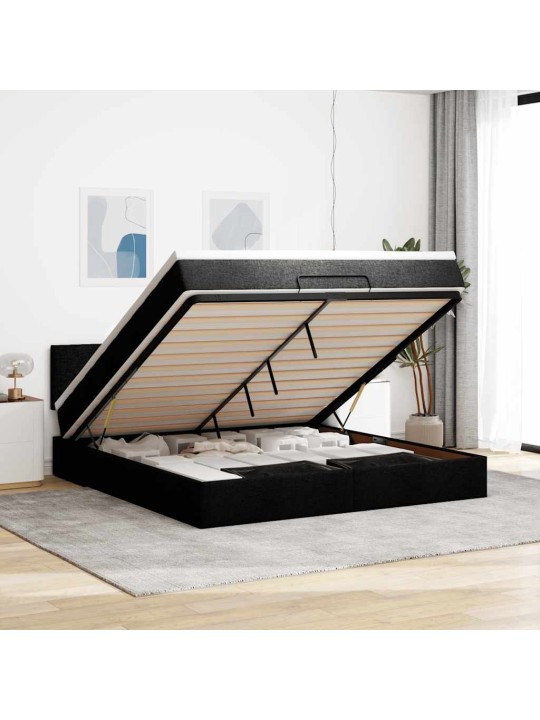 OTTOMANI VOODI MADRATSI JA LED, MUST, 180X200CM, KANGAS
